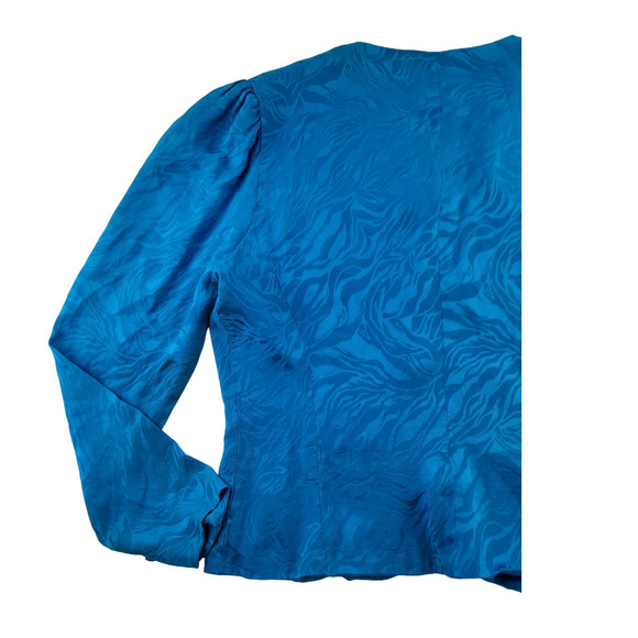 Vintage Adrianna Papell Blue Silk Cropped 3/4 Puff Sleeve Blazer Jacket 4 - Picture 4 of 14